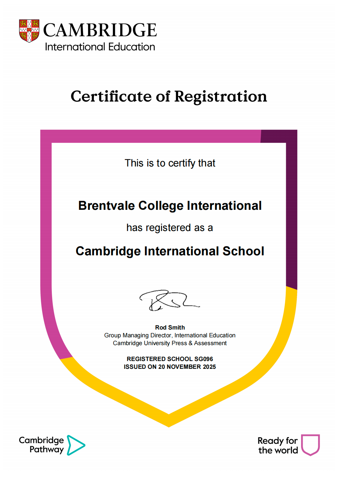 Cambridge Certificate of Registration